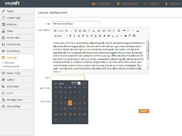 add a calendar event in Easy Edit