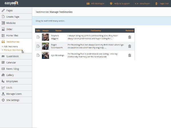 manage testimonies in Easy Edit
